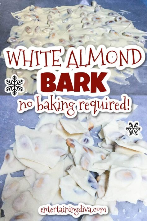 Made with white chocolate and almonds, this white almond bark recipe is soooo tasty! It only has 3 ingredients so it's also really fast and easy to make. The perfect sweet treat! Almond Bark Candy Holiday Treats, White Chocolate Almond Bark Recipes, Desserts With Almond Bark, White Bark Candy Holiday Treats, Almond Bark Recipes Easy, White Party Foods Snacks, White Chocolate Bark Recipes Easy, White Chocolate Almond Fudge, White Bark Candy