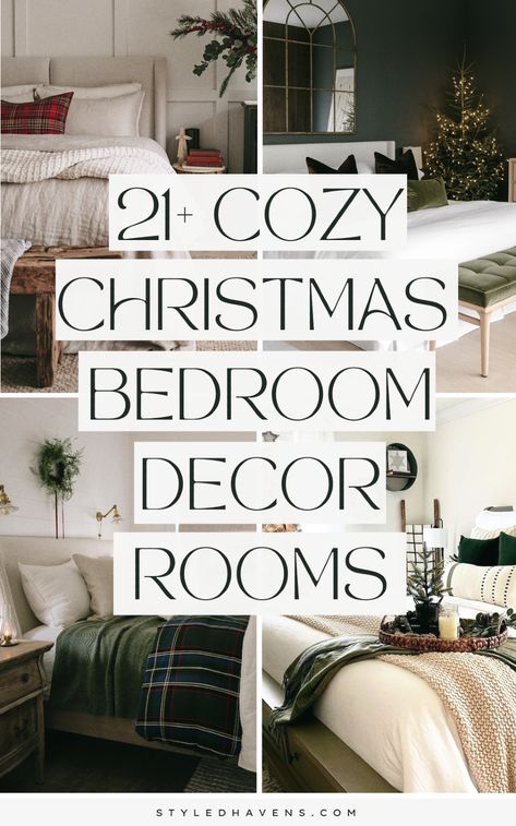 Love simple but classic ideas for your Christmas bedroom? These beautiful, cozy Christmas decor ideas & are easy enough to recreate in your own space for the perfect festive feel. If you love modern Christmas decor that's still very classy, then you are going to *love* this hand-picked Christmas decor inspiration for the bedroom! SAVE to your Christmas decorations board to come back to later - Modern Christmas Decor Bedroom, Boho Christmas Bedroom Decor, Bed Tray Decor, Christmas Bedrooms Cozy, Christmas Guest Bedroom, Christmas Guest Room, Cozy Christmas Bedroom, Holiday Bedroom Decor, Christmas Bedroom Decor