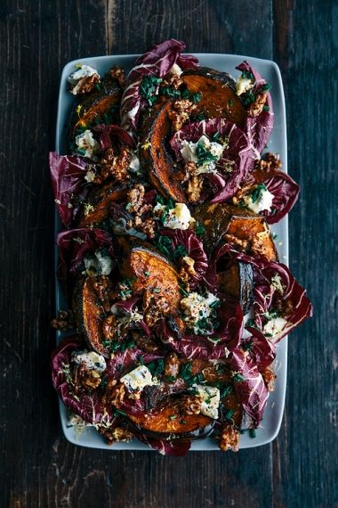 Roasted Pumpkin with Radicchio, Honey Toasted Walnuts & Warm Honey Dressing Winter Sides, Roasted Pumpkin Salad, Roasted Pumpkin Recipes, Roast Pumpkin Salad, Winter Side Dishes, Spiced Walnuts, Winter Salad Recipes, Honey Dressing, Pumpkin Salad