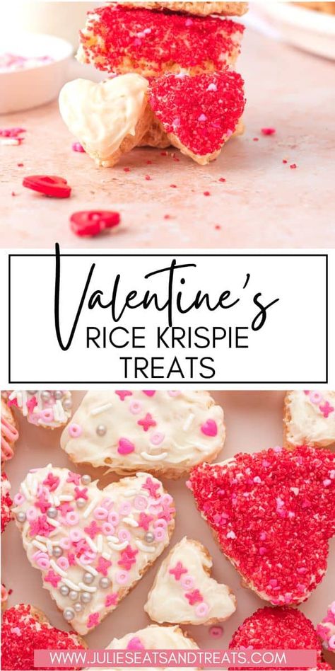 Need an easy and fun Valentine's Day treat? Make this yummy Valentine's Rice Krispie Hearts! Simple and fun Rice Krispie Treats that are cut out into hearts and decorated for a delicious treat or dessert at Valentine's Day parties. Treats With Marshmallows, Valentine Rice Krispie Treats, Valentine Dessert, Valentines Treats, Valentines Snacks, Valentines Baking, Low Carb Cheesecake, Valentine Desserts, Simple Dessert