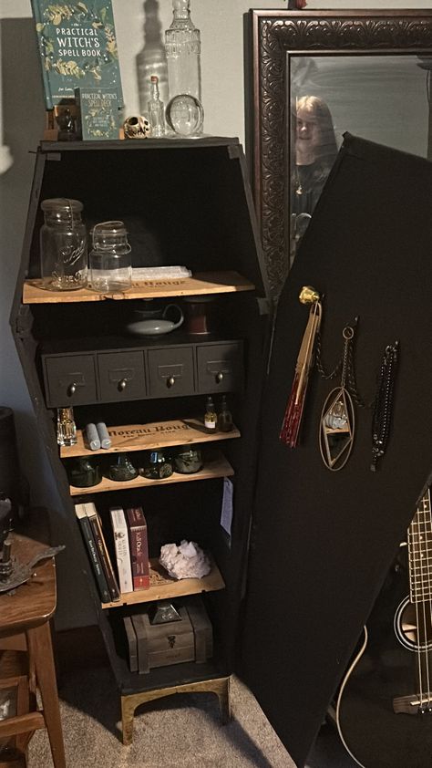 DIY Coffin Witchcraft Cabinet Apothecary Bookshelf Storage Magical Esoteric Victorian Goth Furniture, Gothic Furniture Diy Dressers, Diy Witch Cabinet, Diy Gothic Bookshelf, Coffin Dresser, Goth Wood Projects, Diy Wood Coffin, Diy Coffin Bookshelf, Gothic Furniture Diy Ideas