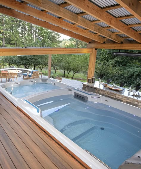 Swim Spa With Umbrella, Small Backyard Living Spaces, Hot Tub Swim Spa Backyard, Deck With Hot Tub And Pool, Swimming Spa Backyard Ideas, Swim Spa Built Into Deck, Swim Spa Pergola, Whirl Pool Tub Master Bath, Deck With Swim Spa