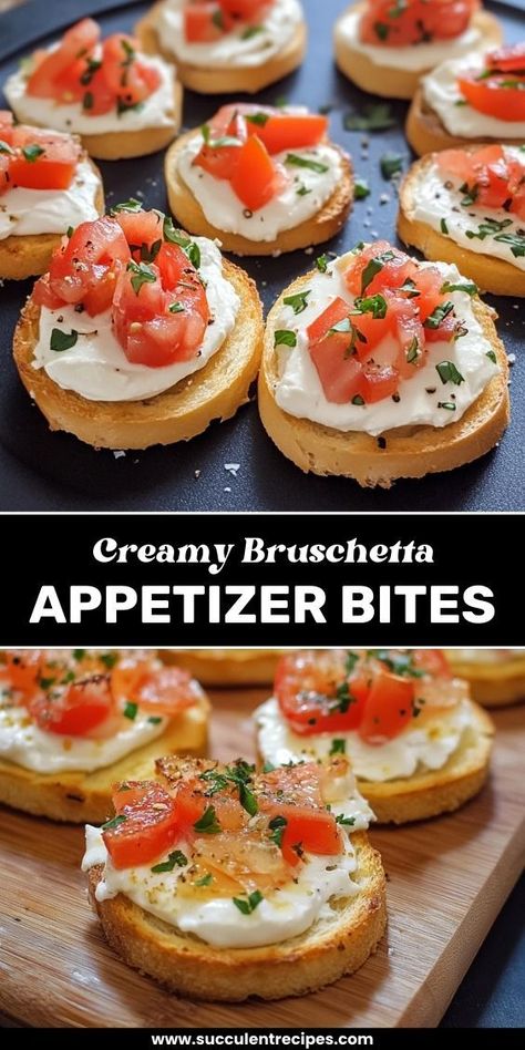 Savor these Delicious Creamy Bruschetta Appetizer Bites! A twist on the classic, these bites feature creamy cheese, juicy tomatoes, and fresh basil—perfect for parties or gatherings. Avocado Bites Appetizers, Cheesy Bruschetta Bites, Mozzarella Prosciutto Appetizer Recipes, Baguette Appetizers Simple, Cold Bruschetta Appetizers, Tomato Cheese Basil Appetizer, Party Appetizers Italian, Bruschetta Crostini Appetizers, Baguette Recipe Ideas Appetizers