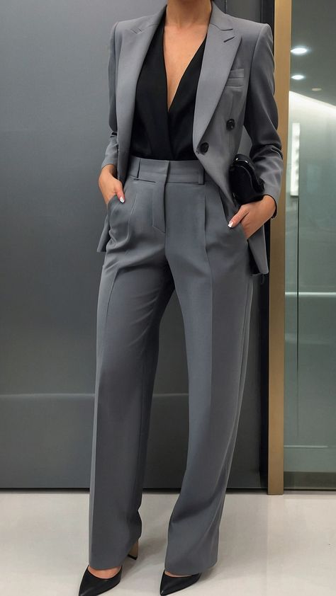 Explore the eclectic mix of styles with women in suits - from classic business wear to trendy tomboy aesthetics This Pinterest pin showcases a stunning photo shoot capturing the aesthetic faces and various fashion choices whether it be formal outfits for a business setting or casual ensembles inspired by anime Dive into the world of women's fashion and individuality Chic Business Suits Women, Boss Vibes Outfits, Women Suits Office, Womens Business Attire Suits, Women’s Business Power Suit, Women's Suits Formal, Classic Women Suit, Gray Suit Outfits Women, Professional Outfits Women Aesthetic