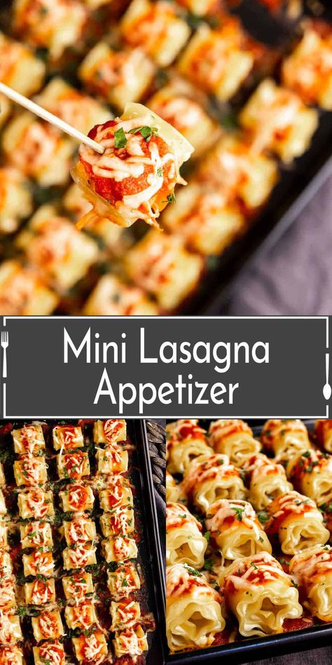 This mini lasagna appetizer is individual mini lasagna rolls filled with lemon ricotta and topped with a fresh tomato sauce. A one-bite appetizer that is perfect for parties! Spaghetti Appetizer Cups, Bolognese Lasagna Bites, Lasagna Bites Recipe, Lasagna Bites Appetizers, New Years Party Appetizer Ideas, Lasagna Appetizer, New Year’s Eve Appetizers, Nye Apps, 2024 Appetizers