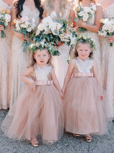 Rose Gold Flower Girl Dress, Rose Wedding Theme, Flowergirl Dress, Floral Wedding Inspiration, Blush Flower Girl Dresses, Ring Bearer Flower Girl, Sparkling Wedding, Gold Bridesmaid Dresses, Rose Gold Flower