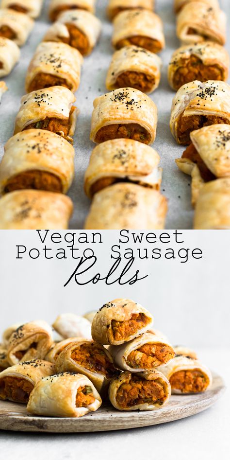 Puff Pastry Vegan, Sweet Potato Sausage, Vegan Diner, Vegan Sausage Rolls, Tea Pattern, Potato Sausage, Carnival Design, Vegan Party Food, Christmas Snack