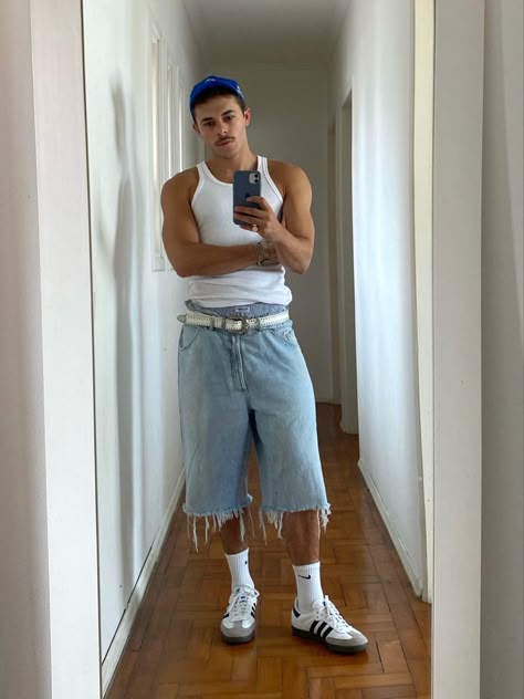 Tank Top And Jorts Outfit Men, Tanktop Outfit Boys, Men’s Festival Fit, Summer Jorts Outfit Men, Men’s Jorts Fashion, Tank Top Outfits Men Street Styles, Tank Tops Outfits Men, Men Summer Outfits 2024, Outfit Festival Hombre