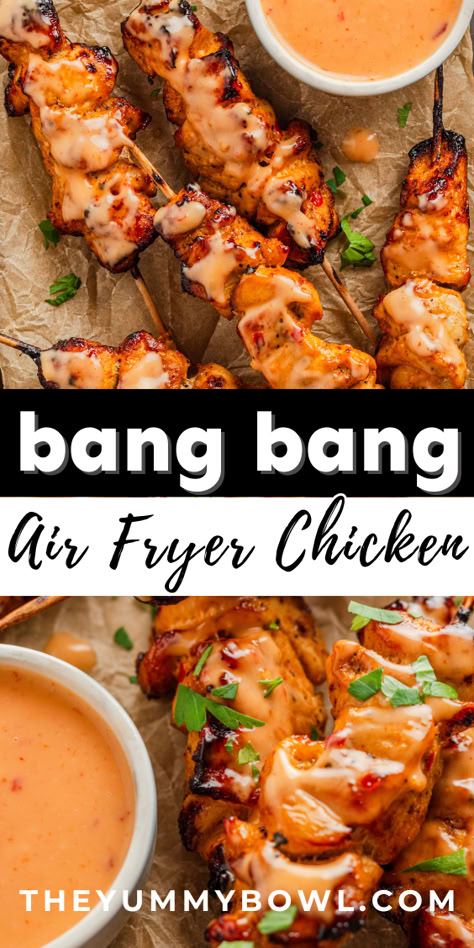 chicken skewers with mayo sauce. Air Fryer Grilled Chicken Bites, Bang Bang Chicken Wings Air Fryer, Air Fry Food Ideas, Airfryer Bang Bang Chicken, Air Fry Chicken Kabobs, Fried Chicken Legs In Air Fryer, Bang Bang Chicken Air Fryer Recipes, Bang Bang Chicken Skewers Air Fryer, Bang Bang Chicken Bites