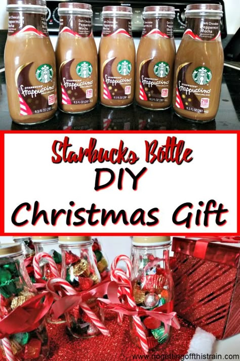 Fill an empty Starbucks Frappuccino bottle with candy as a Christmas gift! A great frugal gift idea for friends and neighbors. http://www.nogettingoffthistrain.com Recycled Starbucks Bottles, Starbuck Bottles Ideas, Crafts With Starbucks Glass Bottles, Frappuccino Bottle Crafts, Reuse Starbucks Glass Bottles, Starbucks Frappuccino Bottles Crafts, Starbucks Bottles Repurposed, Water Bottle Gift Ideas Filled Christmas, Starbucks Glass Bottle Crafts