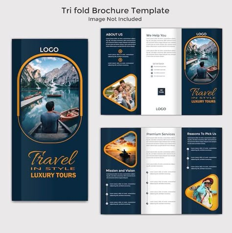 Travel and tourism tri fold brochure tem... | Premium Vector #Freepik #vector #restaurant #catalog #trifold-brochure #business-presentation Travel Trifold Brochure Design, Brochures Design Ideas, Trifold Design Ideas, Travel Brochure Design Layout, Trifold Brochure Design Creative, Brochure Design Layout Templates, Travel Brochure Ideas, Brochure Creative Design, Tourism Brochure Design