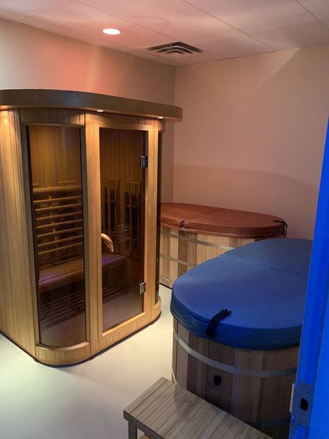 Indoor Cold Plunge, Home Gym With Sauna, Gym With Sauna, Sauna And Cold Plunge, Contrast Therapy, Cold Plunge Tub, Indoor Spa, Cold Plunge, My Gym