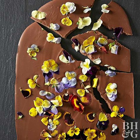 Viola Candy Bark Rose Petal Jam, Flower Recipes, Edible Rose Petals, Edible Flowers Recipes, Candy Bark, Store Bought Cake, Ice Cream Floats, Melting White Chocolate, Spring Desserts