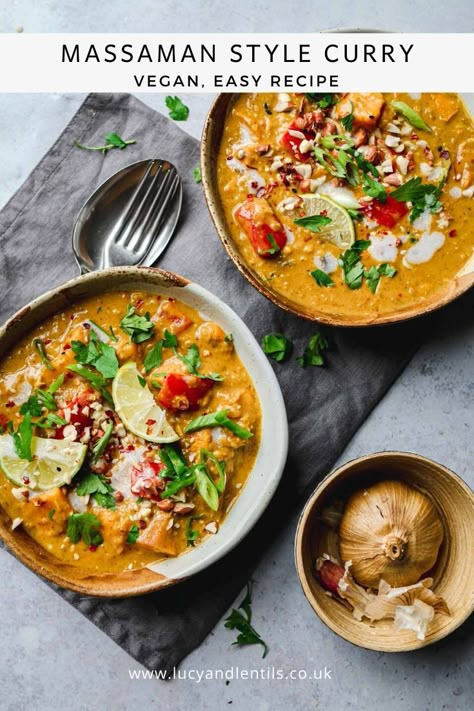 Vegan Massaman Curry Recipe, Gluten Free Curry Recipes, Sweet Potato Lentil Curry, Curry Soup Recipes, Vegan Curry Recipes, Massaman Curry, Red Lentils, Lentil Curry, Spring Onions