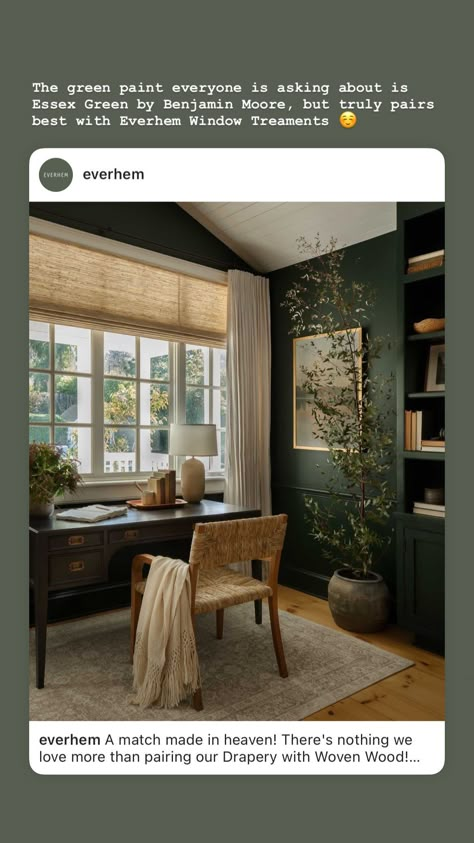 Green Office Walls, Green Home Offices, Dark Green Rooms, Moody Office, Office Paint Colors, Dark Green Walls, Green Office, Office Inspo, Green Walls