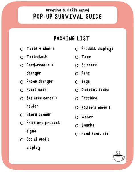 FREE downloadable checklist to help you survive your first pop-up event as a small business owner. Service Based Vendor Booth, Freshie Pop Up Display, First Pop Up Event, Pop Up Shop Price List Ideas, How To Prepare For A Pop Up Shop, Pop Up Shop List, First Pop Up Shop, Sweets Vendor Booth Ideas, Pop Up Shop Table Set Up Ideas