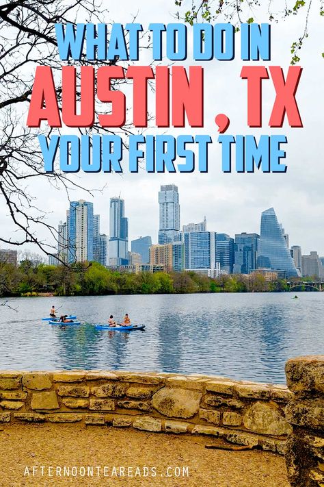 overcast sky with a skyline view of high-rise buildings - this is downtown Austin. Green trees line the skyline view before the lake where people are kayaking 1 Day In Austin Texas, Going Out In Austin Outfit, One Day In Austin Texas, Austin Texas Things To Do With Teens, Fall In Austin Texas, Must Do In Austin Texas, Top Things To Do In Austin Texas, Day Trips From Austin Texas, Downtown Austin Texas Things To Do