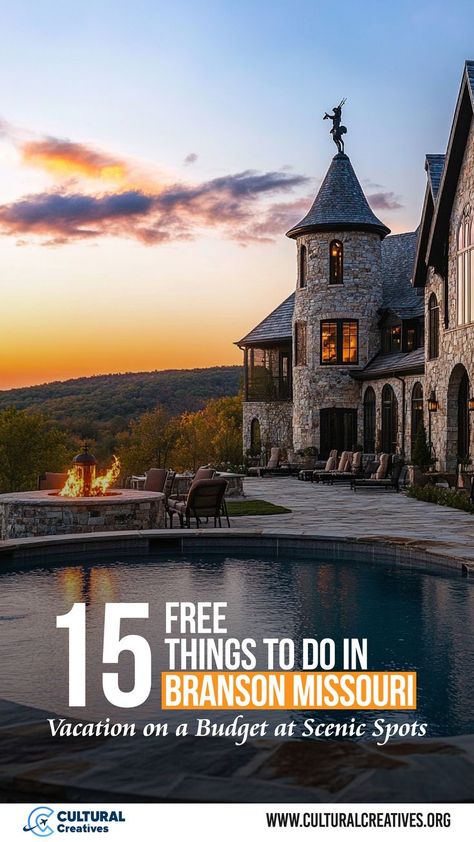 Enjoy a serene view of a stone mansion with a fire pit and pool overlooking rolling hills at sunset, illustrating 15 free things to do in Branson Missouri. Branson Scenic Railway, Things To Do In Branson, Branson Missouri Vacation, Missouri Vacation, Branson Vacation, Branson Landing, Missouri Travel, Vacation On A Budget, Road Trip Places