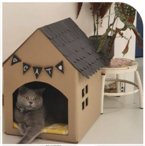 Carton House For Cats, Diy Kitten House, Diy Cat Box House, Cardboard Cat House Diy How To Make, Diy Cat Cardboard House, Diy Cat Cardboard, Diy Cat House Cardboard, Cardboard Box Cat House Diy, Cardboard House For Cats