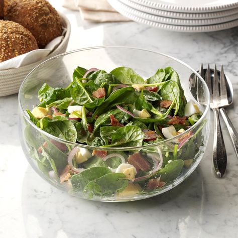 Spinach Salad with Warm Bacon Dressing Bacon Dressing Recipe, Wilted Spinach Salad, Easter Salad Recipes, Spinach Salad Dressing, Egg Salads, Warm Bacon Dressing, Easter Salad, Hot Bacon Dressing, Salad Spinach