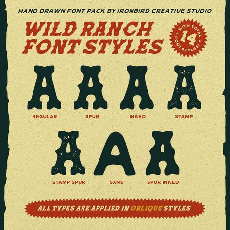 Wild Ranch is a bold hand drawn slab serif typeface. This item consist of 14 FONTS in various styles which you can play around with it and also come with EXTRA ILLUSTRATION to make better design! #slab #ironbirdcreative #bukancumaa #serif #display #font #fontpack #illustration #snake #wildwest #westernstyle #cowboy #cactus #desert #texas Camp Font, Western Typeface, Cowboy Font, Austin Murals, Cowboy Cactus, Never Going Back, Western Font, Cactus Illustration, Hand Drawn Fonts