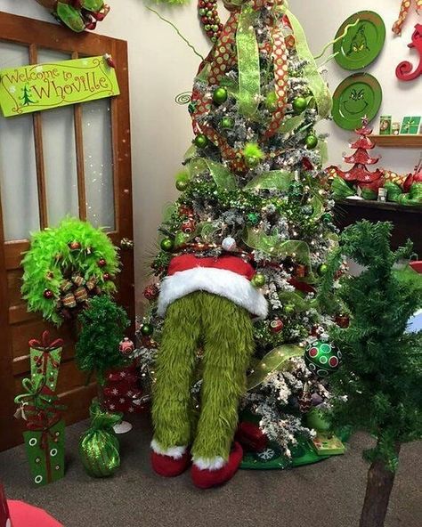 Grinch Body For Christmas Tree, How To Bend Top Of Christmas Tree, Pool Noodle Grinch, How To Make Grinch Legs For Tree, Grinch Legs Diy, Grinch Legs In Tree Diy, How To Make A Grinch, Diy Grinch Legs For Tree, Grinch Trees Ideas