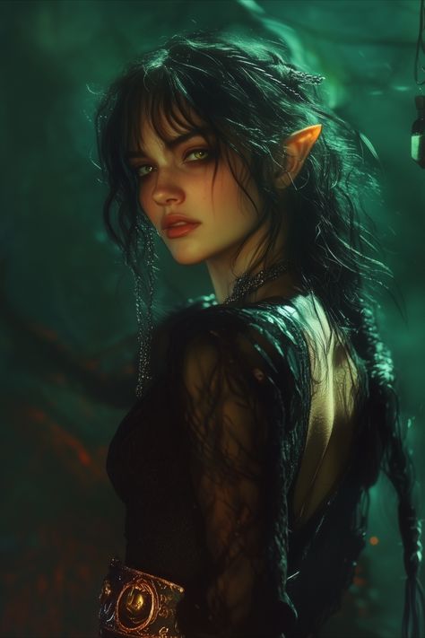 Dark elf portrait, fantasy, realistic style Elf Necromancer Art, Fantasy People Photography, Portrait Fantasy Photography, Fae Character Inspiration, Dark Elf Black Hair, Dark Fantasy Fairy, Fantasy Dnd Art, Dalish Elf Aesthetic, Dark Fantasy Hair