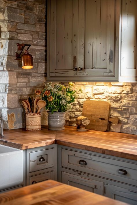 Embrace Classic Style with a Farmhouse Kitchen - Quiet Minimal White Primitive Kitchen, French Farmhouse Kitchen Backsplash, Kitchen Farm Decor, Farmhouse Home Aesthetic, Farmhouse Wooden Kitchen, Kitchen Wood Shelves Decor, Functional Open Shelving Kitchen, Rustic Butlers Pantry, Rustic Gray Kitchen Cabinets