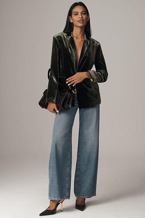 Maeve Velvet Blazer Jacket Green Velvet Pants Outfits, Black Velvet Jacket Outfit, Velvet Jacket Outfit, Velvet Pants Outfit, Velvet Blazer Outfit, Velvet Jackets Women, Green Blazer Outfit, Business Chic Outfits, Green Velvet Pants