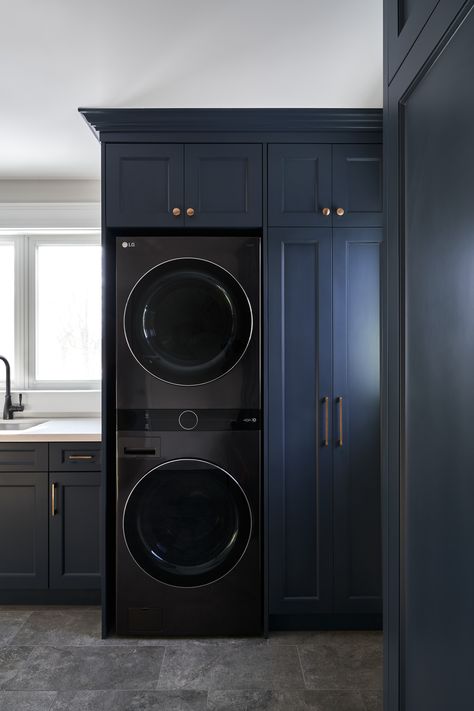 Blue Floor Laundry Room, Dark Navy Laundry Room, Black And Blue Laundry Room, Dark Ceiling Laundry Room, Sleek Laundry Room, Laundry Room Black Washer And Dryer, Masculine Laundry Room, Navy Laundry Room Cabinets, Blue Cabinet Laundry Room