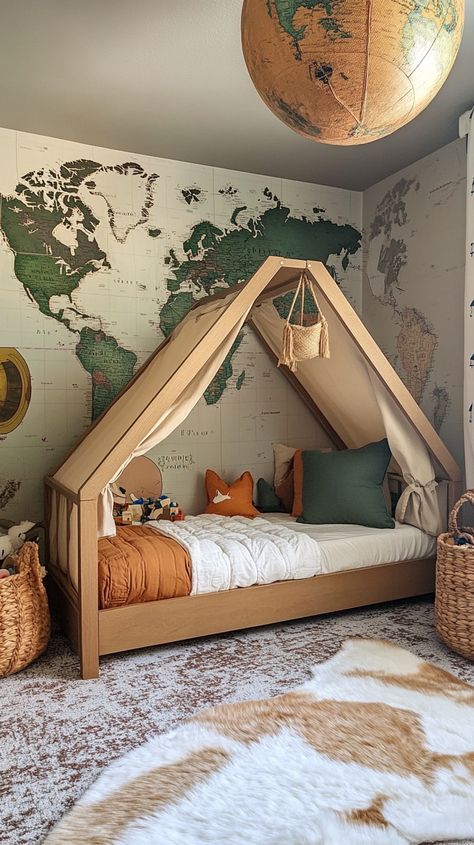 Ignite your child's wanderlust with a Sagittarius adventure-themed room 🌍✨! Featuring a captivating world map mural 🗺️, a cozy tent bed ⛺, globe light fixtures 🌐, and travel-inspired toy storage 🧳. Perfect for little explorers ready to dream big and discover the world! 🚀 Cozy Toddler Bed, Kids Adventure Bedroom, Tent Beds For Kids Boys, Adventure Room Ideas, Arlo Bed, Boys Adventure Bedroom Ideas, Adventure Bedroom Ideas, National Park Room, Kids Safari Bedroom