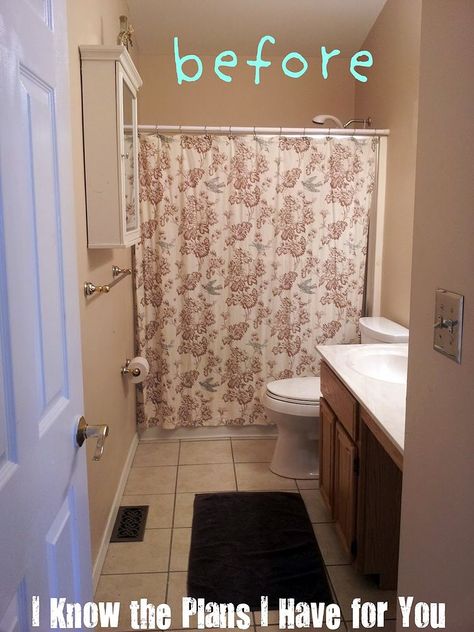 Dated Bathroom Decor Ideas, Bathroom Remodel With Beadboard, Diy Boho Bathroom Ideas, Boho Bathroom Makeover, Small Bathroom Decor Shower Curtains, Decorate Small Bathroom Ideas, Guest Bathroom Remodel On A Budget, Small Bathroom With Shower Curtain, Main Bathroom Ideas Decor