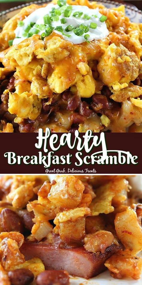 This Hearty Breakfast Scramble is loaded with ham, potatoes, chili, scrambled eggs, cheese and then topped off with sour cream and chives. #breakfast #eggs #scrambledeggs #delicious #greatgrubdelicioustreats French Toast Casserole Healthy, Weight Watcher Breakfast, Ham Potatoes, Breakfast Scramble, Casserole Healthy, Baked French Toast, Outdoor Cooking Recipes, Mexican Breakfast Recipes, Breakfast Bites