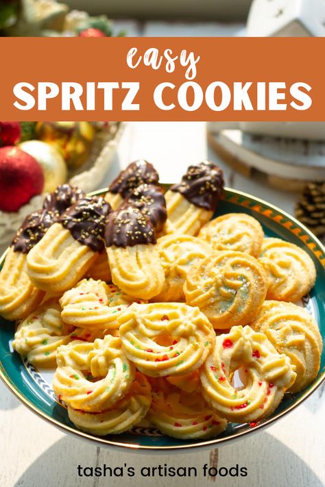 An image of Christmas Spritz Cookies in a blue and white plate Piped Spritz Cookies, Spritz Cookies Betty Crocker, Old Fashioned Spritz Cookies, Norwegian Spritz Cookies, Wreath Spritz Cookies, Swedish Spritz Cookies, Spritz Cookies Without Cookie Press, Spritz Cookies Recipes Best, Spritz Cookies Christmas