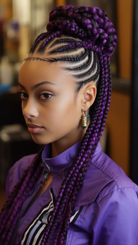 25 Vibrant Shades for Braiding Hair Plated Hairstyles For Black Women, Purple Cornrows, Cornrows With Color Extensions, Purple Cornrows Braids, Braid Styles For Women, Braided Hairstyles Purple, Braids For Black Women Purple, Purple Braids For Black Women, Purple And Black Hair Braids