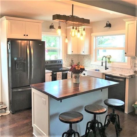 Distressed Kitchen, Kitchen Island Chandelier, Kitchen Remodel Idea, Kitchen Layout, Vintage Modern, Kitchen Space, Diy Kitchen, Home Decor Kitchen, Kitchen Room