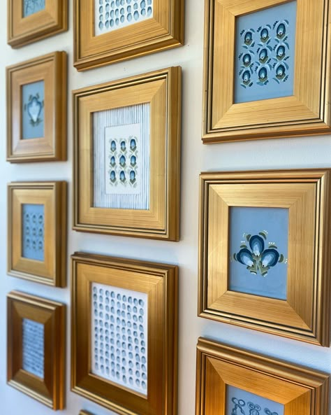 Brass Photo Frame Wall, Paint By Number Gallery Wall, Gallery Wall Ideas Gold Frames, Unique Framing Ideas For Artwork, Shelf With Frames, Wall Collage Frames, Blue Coffee Shop, Mixed Gallery Wall, Framebridge Gallery Wall