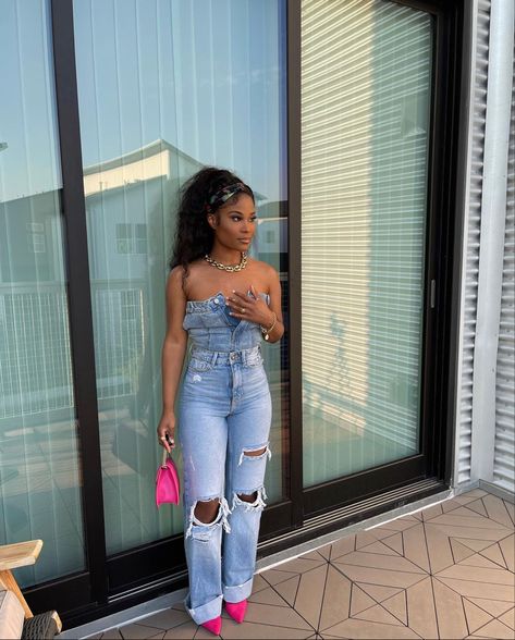 Two Piece Jean Set, Corset And Jordans Outfit, Blue Jean One Piece Outfit, Jeans Bday Outfit, Denim Outfit Ideas Black Women, Jean On Jean Outfit Black Women, Jean Set Outfit Black Women, Denim Tube Top Outfit Black Women, Blue Jean Outfit Black Women