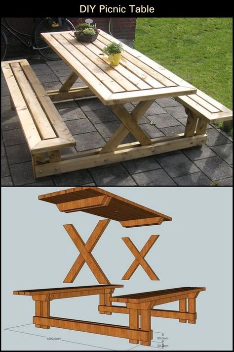 Build A Picnic Table, Diy Picnic, Diy Picnic Table, Picnic Table Plans, Wooden Picnic Tables, Diy End Tables, Diy Patio Furniture Cheap, Picnic Tables, Wood Lamp