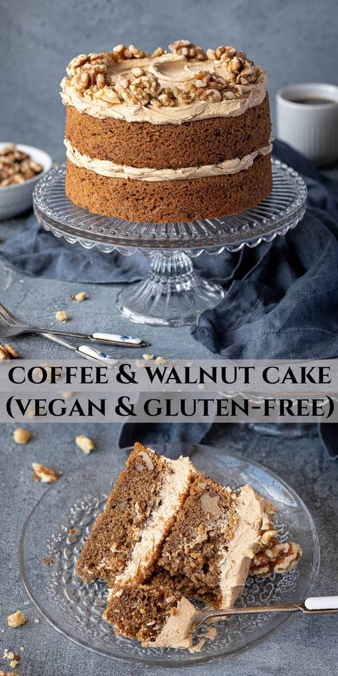 This delicious coffee and walnut cake is both vegan and gluten-free (or can be made with gluten if you prefer).

It is soft and moist, with a lovely coffee flavour, coffee buttercream and walnuts. It can also be made as a small batch 15cm cake, or a full sized 20cm one. Berry Trifle Recipe, Vegan Coconut Cake, Oil Cake Recipe, Gluten Free Coffee Cake, Chocolate Olive Oil Cake, Olive Oil Cake Recipe, Gluten Free Coffee, Coffee And Walnut Cake, Berry Trifle