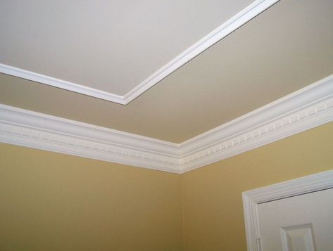 Faux Tray Ceiling With Molding Faux Tray Ceiling, Ceiling Trim Ideas, Ceiling Texture Types, Bedroom Art Painting, Pop Design For Roof, Tray Ceilings, Ceiling Trim, Sound Panel, Ceiling Texture