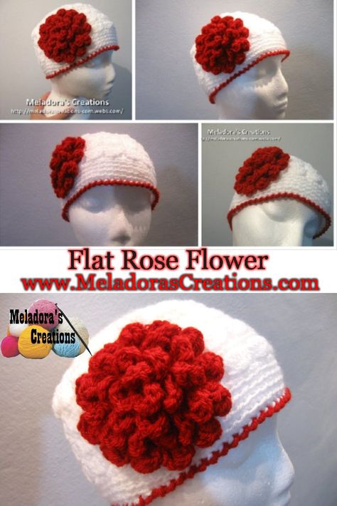 Flat Rose Flower - Free Crochet Pattern - Meladora's Creations Hat Embellishments, Crochet Puff Flower, Puff Flower, Rose Patterns, Crochet Flowers Free Pattern, Flowers Rose, Crochet Patterns Free, Learn How To Crochet, Crochet Flower Patterns