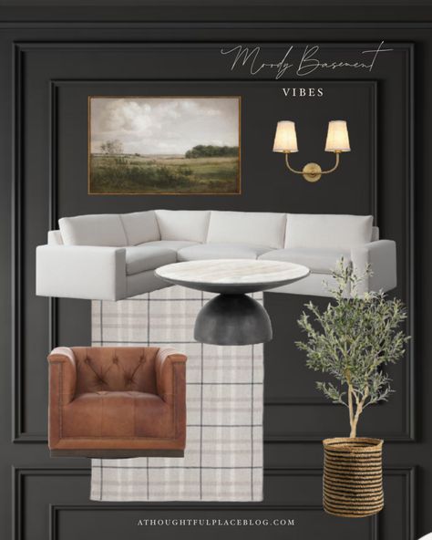 Basement Family Room Mood Board, Basement Guest Room And Living Room, Media Room Mood Board, Big Family Living Room Ideas, Black And Cream Basement, Basement Remodel Moody, Dark Moody Tv Room, Cozy Dark Basement, Olive Green Basement