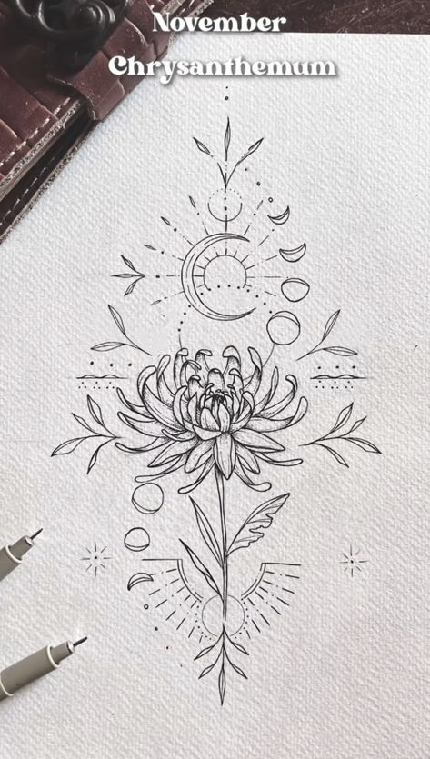 Month Flower Tattoo, November Flower, Line Tattoo Ideas, Mystical Tattoos, Chrysanthemum Tattoo, Boho Tattoos, Spine Tattoos For Women, Birth Flower Tattoos, Line Tattoo