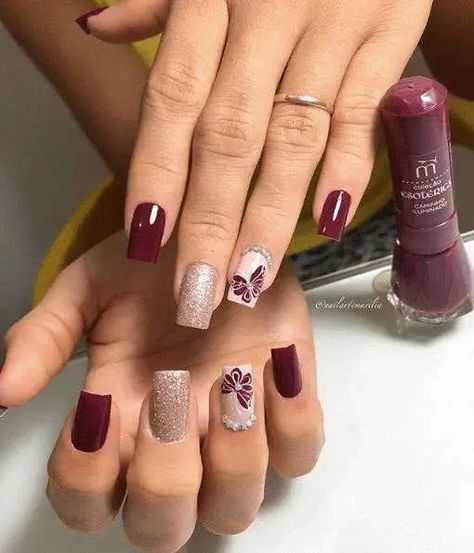 Short Nails Burgundy, Nail Art Designs Square, Nail Art Designs Square Nails, Nude Glitter Nails, Butterfly Acrylic Nails, Butterfly Nail Art Designs, Square Nails Short, Nails Burgundy, Nails Butterfly