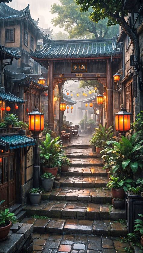 Japanese City Art, Japanese City, Fantasy Chinese City, Asian Buildings Architecture, Chinese City Fantasy Art, Asian Architecture Concept Art, Asian Fantasy Architecture, Japan Countryside, Japanese Palace Fantasy Art Interior