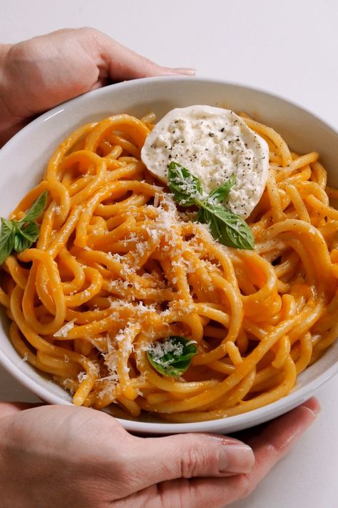 Tomato Butter Pici with Burrata and Basil Burrata And Pasta, Burrata Recipe Dinners, Pici Recipe, Pasta With Burrata Cheese, Recipes With Burrata Cheese, Burrata Spaghetti, Tomato Butter Pasta, Spaghetti With Burrata, Brewery Food