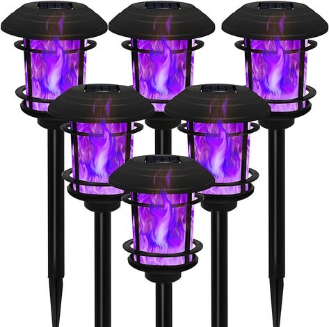 PLASTIC SOLAR DANCING FLAME PATHWAY LIGHTS: 6 pack Halloween flickering purple flame torch lights powered by solar, each with 12 pcs purple SMD LED, they are the perfect Halloween decorative outdoor lighting and no electricity required. Solar LED flickering flameless garden lights, create a scary feel to your garden, decorate your fence, deck, porch or yard. Measurement: 4.9 x 4.9 x 17 inches HORRIFIC DANCING FLAMES LIGHTS: A safe alternative to the real flame effect - high brightness SMD LEDs g Purple Halloween Decor, Outside Halloween Decor, Halloween Solar Lights, Halloween Lighting Outdoor, Yard Walkway, Garden Torch, Solar Post Lights, Dancing Flame, Purple Flame