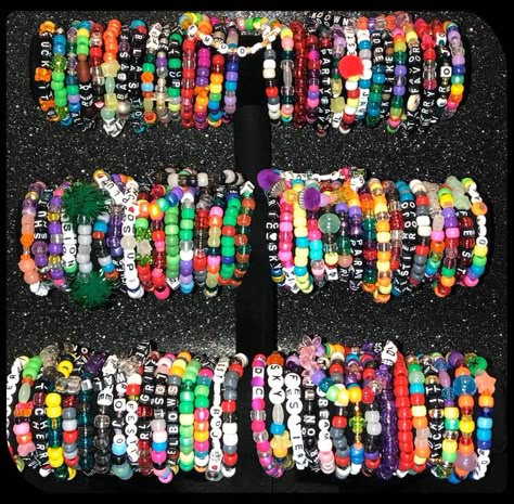 Our Kandi bracelets are great for passing out at raves, festivals, events, parties, promoting, birthdays, weddings, and for business advertising Please send us a message with your personalized requests We make our Kandi bracelet using stretch string -Alphabet & Numbers Beads- * Black Cube Alphabet Beads with White Letters * White Cube Alphabet Beads with Black Letters (and Hashtags) * White Cube Alphabet Beads with Colorful Letters * White Round Alphabet Beads with Black Letters ( Pulseras Kandi, Rave Jewelry, Different Bracelets, Diy Kandi Bracelets, Pony Bead Bracelets, Diy Kandi, Kandi Kid, Scene Core, Bachelor/bachelorette Party