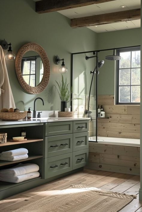 29 Green Bathroom Decor Ideas to Transform Your Space with Earthy Elegance Cozy Green Bathroom Ideas, Green Beige Bathroom Ideas, Sage Green Spa Bathroom, Green Natural Bathroom, Green Black And Wood Bathroom, Cozy Green Bathroom, Sage Colored Bathroom, Olive Green Bathroom Walls, Dark Green Accent Wall Bathroom